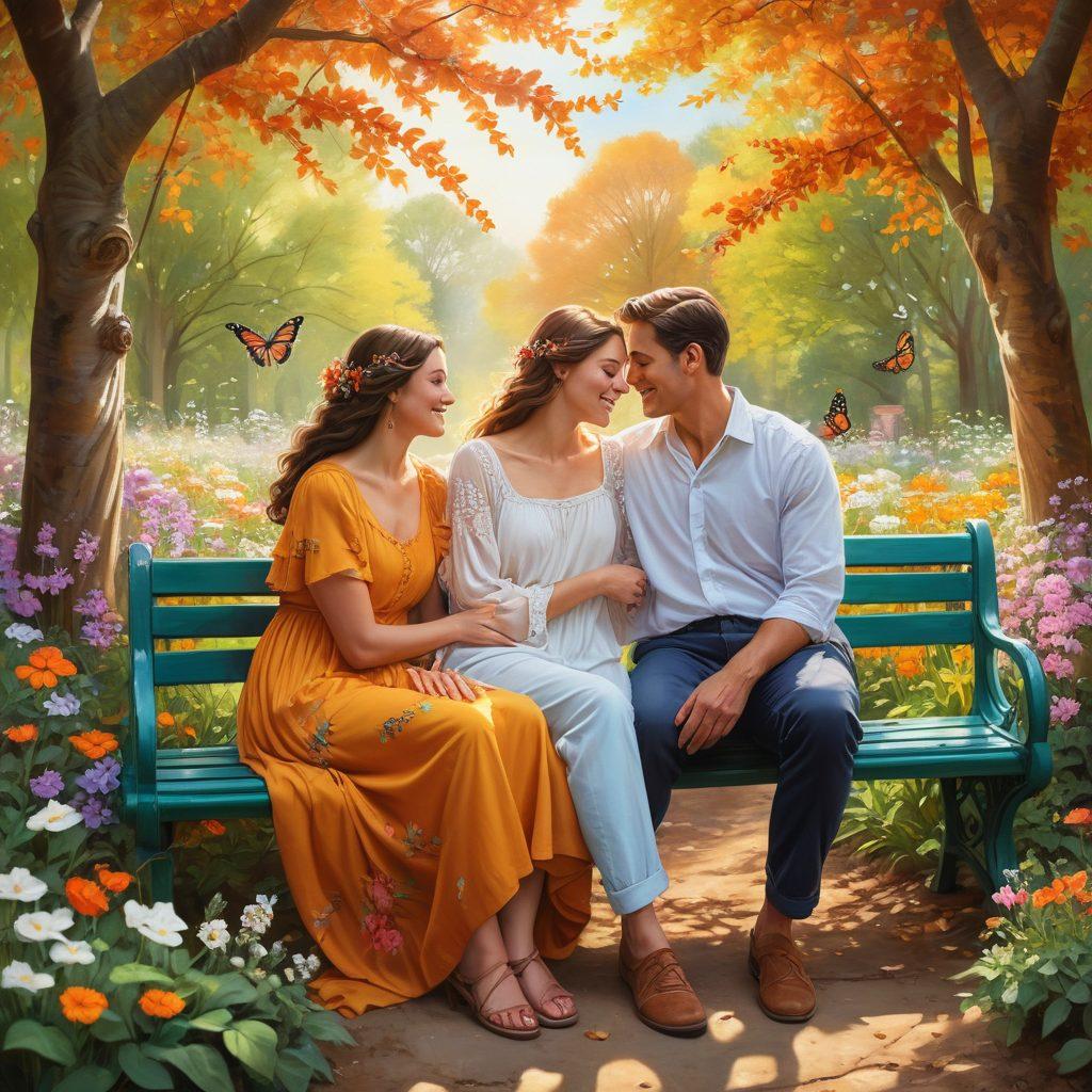 A cozy couple sitting together in a sunlit park, sharing a heartfelt conversation while surrounded by blooming flowers. A backdrop of diverse couples enjoying their time, symbolizing different cultures and age groups. Soft, warm colors to evoke feelings of love and connection, with visible details of hands intertwined. A gentle breeze rustling the leaves and butterflies fluttering around to represent romantic growth. painting. vibrant colors. warm tones.
