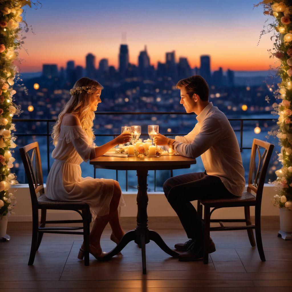 A cozy, candle-lit dining table set for two, adorned with delicate flowers and soft, glowing lights. In the background, a city skyline at dusk, symbolizing connection and romance. Soft shadows and warm colors evoke intimacy and togetherness. Include silhouettes of a couple holding hands by the table, enhancing the theme of connection. super-realistic. warm colors. romantic atmosphere.