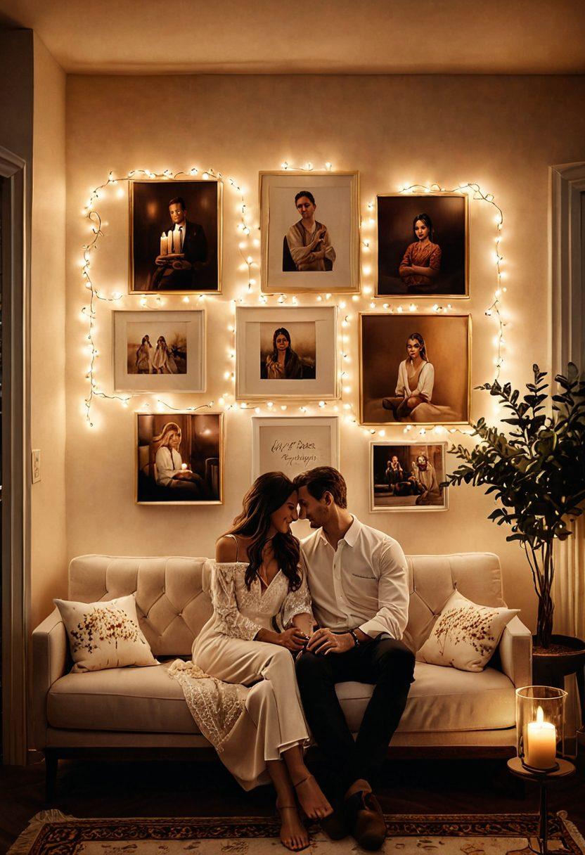 A cozy, candle-lit room with a couple sitting closely together on a plush sofa, engaged in a deep and meaningful conversation, surrounded by soft pillows. The ambiance is warm, with delicate heart motifs and photographs of shared memories hanging on the walls. A gentle glow emanates from a nearby fireplace, symbolizing warmth and intimacy. The atmosphere is inviting and heartfelt, conveying a sense of lasting love and connection. super-realistic. warm tones. soft lighting.